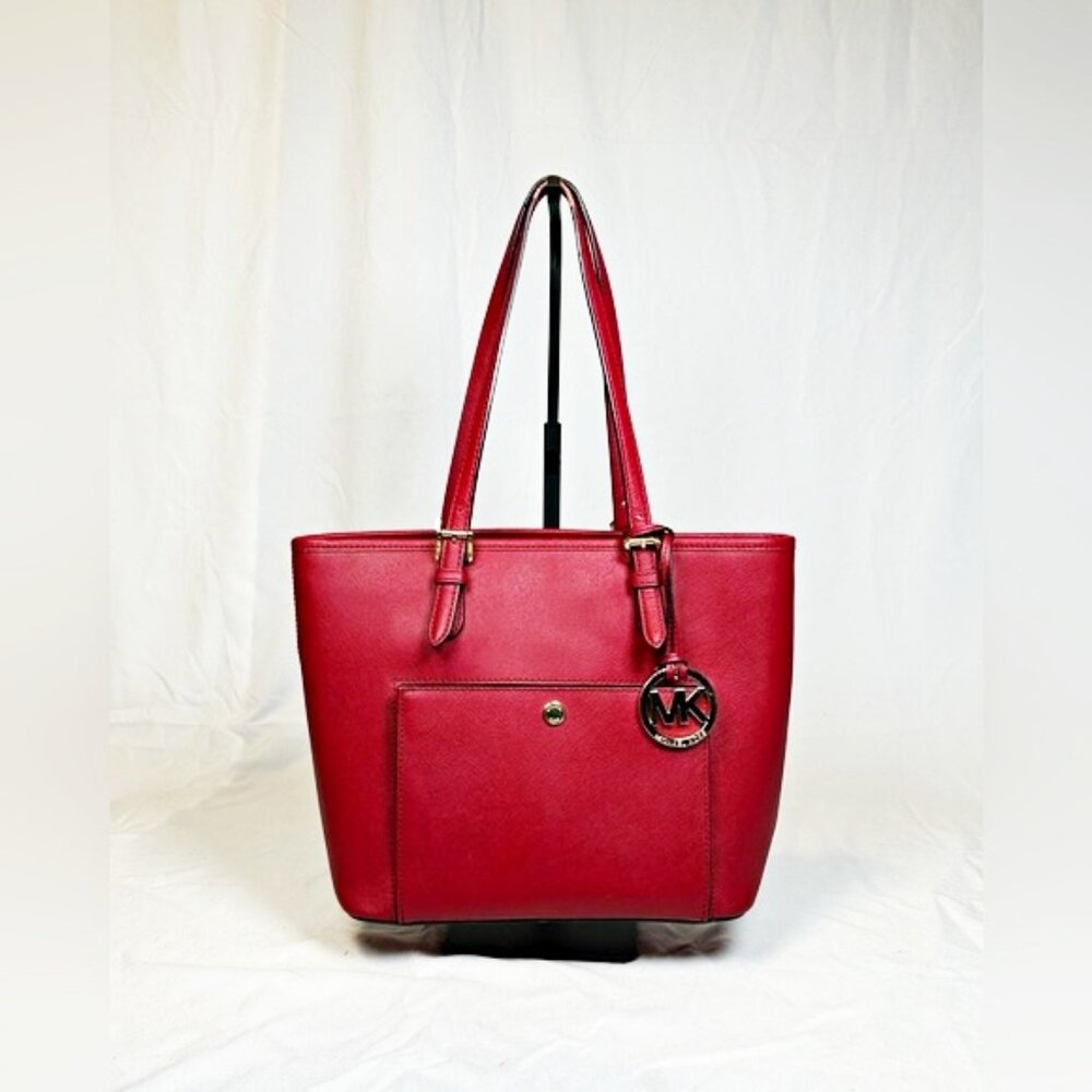 Michael Kors Crimson Red Saffiano Leather Jet Set Top Zip Pocket Tote